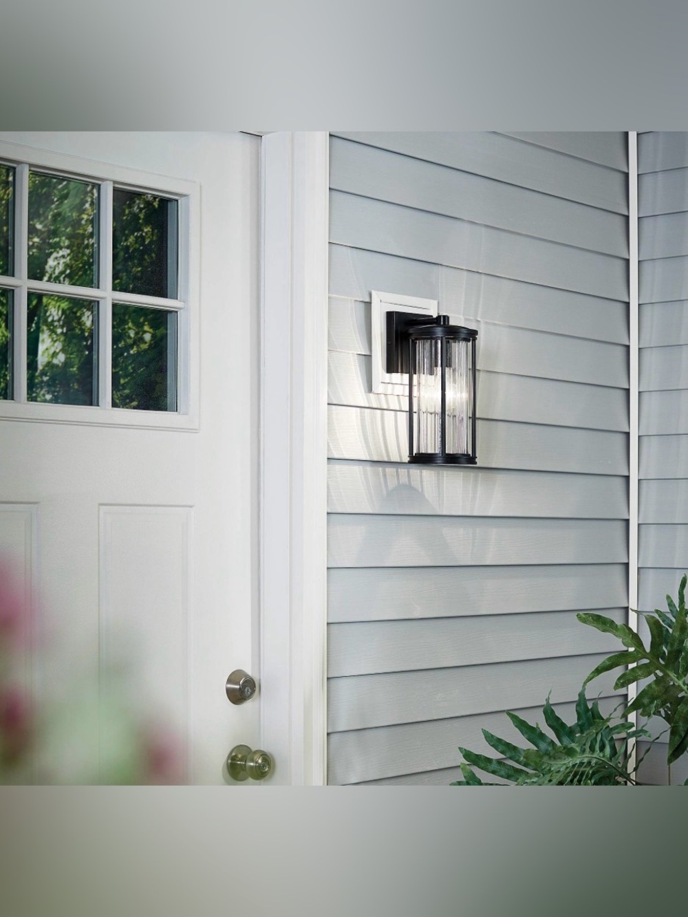 Outdoor Wall Light Fixture Textured Black Steel Clear Ribbed Cylinder Glass